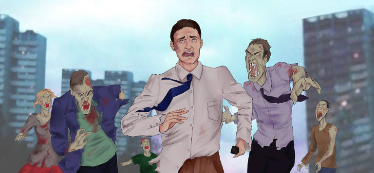 An affraid man running away from a horde of Zombies